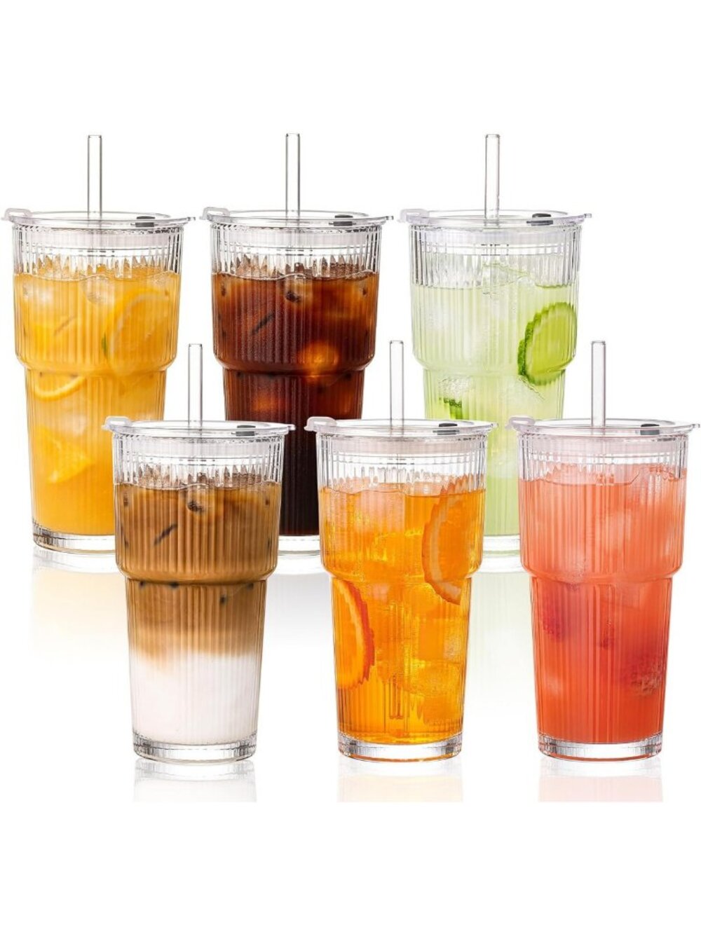 20oz Iced Coffee Cups with Lids & Straws - Ribbed Glass Drinkware Set